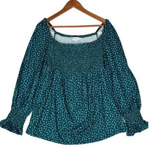 Coolmee Off Shoulder Green with Blue Floral Blouse Smocked‎ Chest and Cuff Sz Sm